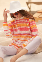 Load image into Gallery viewer, As beautiful as a sunset, this unique hand painted hoodie will bring any look to life! Lightweight enough to wear on breezy warm days, this striking top pairs beautifully with your favorite white bottoms.   Colors- Pink Painterly; Pink, orange, white, purple.  Drawstring hoodie. Textured. Hand painted.
