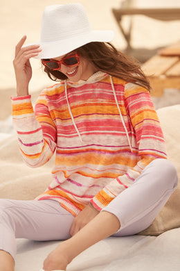 As beautiful as a sunset, this unique hand painted hoodie will bring any look to life! Lightweight enough to wear on breezy warm days, this striking top pairs beautifully with your favorite white bottoms.   Colors- Pink Painterly; Pink, orange, white, purple.  Drawstring hoodie. Textured. Hand painted.