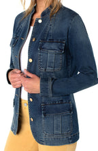 Load image into Gallery viewer,  A fantastic length to this jacket allows it to go well with so many outfits!  Imagine it paired with white jeans, any color/print pant and every style of dress.  The eye-catching details on the Annie makes this denim jacket stand out among other jackets. The patch pockets on the front are fully functional while the buttons are a shiny gold, giving this denim jacket eye appealing detail. 
