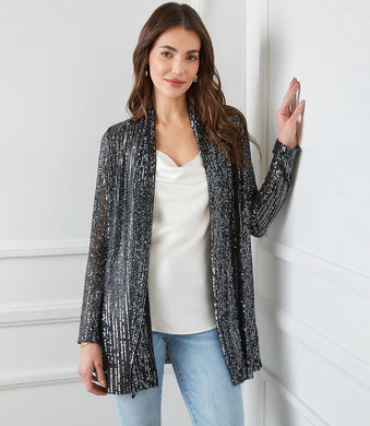 Be event ready with this light-catching sequin duster. Sparkle and sophistication provide evening allure to this jacket. Pair it with black slacks for a polished evening look. 