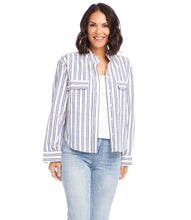 Load image into Gallery viewer, Update your wardrobe with our striped Sevil Shirt Jacket.  The Sevil is a versatile top that can be worn open over a favorite top or buttoned up as a top on its own. This beautiful style is sure to become your next favorite!
