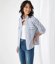 Load image into Gallery viewer, Update your wardrobe with our striped Sevil Shirt Jacket.  The Sevil is a versatile top that can be worn open over a favorite top or buttoned up as a top on its own. This beautiful style is sure to become your next favorite!
