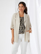 Load image into Gallery viewer, This fabulous, draped jacket in a cool and breathable linen blend, is so very versatile. It&#39;s detailed with oversized lapels and a beautiful draping for a stylish finish. A lovely piece to wear to lunch with friends or to work.  The natural color will easily pair with many of your favorite tops.  For a finished look, wear with our Cadence Pant with Drawstring in Natural Color or our Penelope Paperbag Waist Shorts in Natural Color. Color- Natural. Elbow sleeve.
