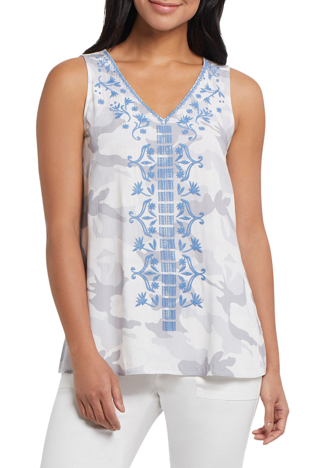  perfect top to transition into the seasons, this sleeveless top in white with gray abstract print is enhanced with a gorgeous, raised embroidery around the neckline and front.  Wear alone during the warmer days and put under a jacket or cardigan as it gets cooler.  A lovely style to wear with white bottoms or denim.  Color- White, gray and blue.  Sleeveless. Embroidery.