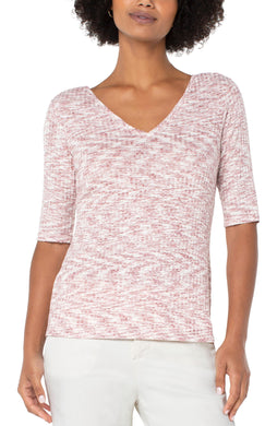 The Darcie Pink and Cream Spacedye Top is a classic tee with a twist that offers comfort sophistication and style.  The design of the Darcie by Liverpool includes a double V-neck and half sleeve style.  Perfect with almost any bottom of choice, this beauty looks fabulous alone or layered under a jacket.  