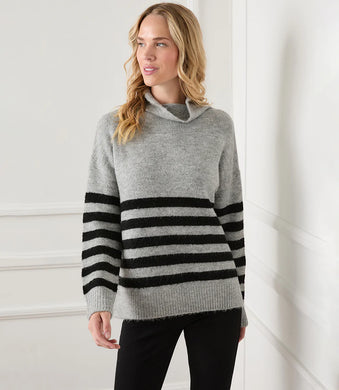 Crafted from super soft plush knit, this essential sweater is detailed with a cozy mock neck and classic stripes. This sweater is a layering essential for the cooler temperatures ahead.