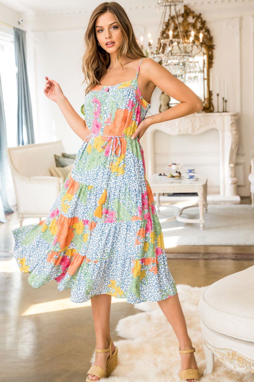 Imagine wearing this pretty summer dress to summer parties, pool gatherings or times at the beach.  The lovely abstract floral and animal print spaghetti dress is an easy style to wear when you want to keep cool while staying fashionable.  The details set this summer dress apart from the rest.