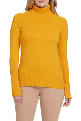 A gorgeous sunset gold color creates a turtleneck that is a stunning pop of color. We love the classic turtleneck design that's refreshed with raglan sleeves, a sleek fit, and a wide ribbed sleeve and hem trim that give it just the right touch of style. Color- Sunset gold. Pop-over turtleneck. Slim fit. Long rib cuff. Long raglan sleeve.