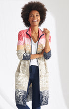 Load image into Gallery viewer, A lovely design in multiple colors, you will receive numerous compliments when you wear our Susana cardigan.  A perfect style to dress up or down, you can wear one day with a tee and jeans and dress up the next time with a pair of your favorite pants. Colors- Navy, white, tan, gray, bright pinks and gold. Dark gray buttons. Adorable floral prints. Stand collar neckline. Long sleeves. Hand pockets on the front.

