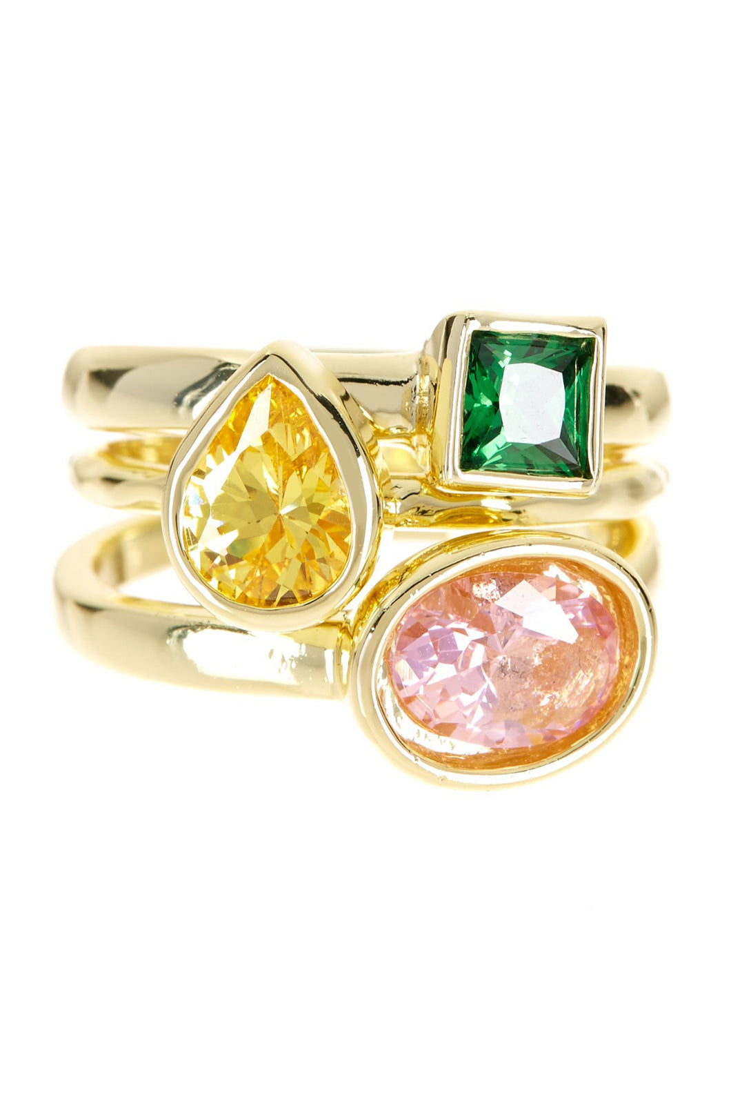 TILLY THREE STACK YELLOW, PINK, GREEN CUBIC ZIRCONIA RING IN GOLD