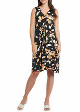 Load image into Gallery viewer, A gorgeous dress with utmost comfort during those hot, humid days is a must have in your summer wardrobe.  A flattering fit for all figures, the Ellie dress tapers down from a small gathering at the end of the V-neck and gracefully flares from there.  The most darling leaf pattern in colors of papaya, black and cream and adorn this gorgeous sleeveless dress.
