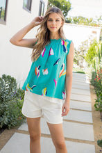 Load image into Gallery viewer, A gorgeous vibrant teal color with striking colors of light blue, light pink, yellow, orange, fuchsia, white and navy-blue abstract print creates an eye appealing sleeveless top. You can&#39;t go wrong with this sleeveless top that can be worn so many different ways.  Wear alone in the spring/summer months or wear under your favorite blazer or cardigan in the cooler months.  The colors will make you happy even on the dreariest of days!
