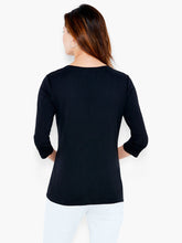 Load image into Gallery viewer, Keep it casual (and comfortable) with the easy softness of our signature Boat Tee. This one features a 3/4 sleeve and is made with cotton modal. It&#39;s lightweight for breathability and has lovely stretch, providing much comfort. A perfect layering piece to style under your favorite cardigan or jacket.  Color- Black. Knit pullover. Regular fit. Round neck. 3/4 sleeve. Sits at hip.
