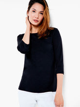 Load image into Gallery viewer, Keep it casual (and comfortable) with the easy softness of our signature Boat Tee. This one features a 3/4 sleeve and is made with cotton modal. It&#39;s lightweight for breathability and has lovely stretch, providing much comfort. A perfect layering piece to style under your favorite cardigan or jacket.  Color- Black. Knit pullover. Regular fit. Round neck. 3/4 sleeve. Sits at hip.
