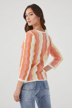 Load image into Gallery viewer, Jump in the wave with this wave pointelle sweater with a unique textured design. The colors, called papaya smoothie, include a gorgeous combination of pastel colors that pop on the wave textured fabric.  A lovely sweater to wear with white bottoms or denim, be prepared to receive compliments when you style this top.  Colors- Papaya Smoothie; Coral, yellow, pink, white. Pull-over. Three quarter sleeve. Wave textured design.
