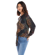 Load image into Gallery viewer, Textural beauty defines this multi-dimensional top covered with an alluring abstract tie-dye design. It&#39;s finished with stylish tie-front. This top pairs perfectly with your favorite denim. Color-Multi-Tan, Blue, Rust. Long sleeve. Crew neck. Unique dye treatment used, color &amp; design may vary.

