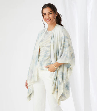 A cloudy tie-dye pattern in light blue and cream creates a beautiful pattern on this billowy jacket. A roomy silhouette adds soft movement. Complete the beautiful look with our TESS TIE-DYE TIE-FRONT TOP. Cloudy tie dye; light blue and cream. Flare sleeve. Collarless. Open front. Fabric-100% Rayon.