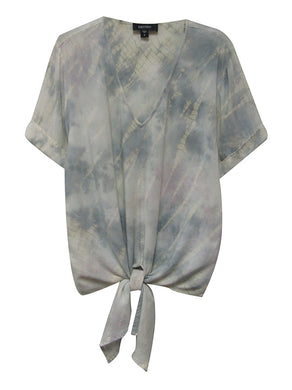 A cloudy tie dye pattern really creates a soft stylish color that pairs well with so many different bottoms.  A V-neck design, tie front and cuffed sleeves add to the flair of this lovely top.  Create the perfect fashion by pairing this fabulous top with our TRISHA TIE DYE OPEN FRONT CARDIGAN.