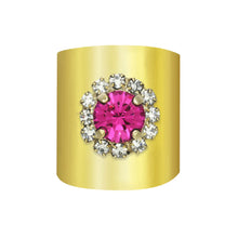Load image into Gallery viewer, A lovely addition to your jewelry collection, the Vida Fuchsia Ring is just the piece you need to add a bit of drama to your outfit. A beautiful fuchsia color Swarovski stone surrounded by crystals, sits atop a dramatic adjustable gold band.

