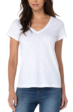 A white classic V-neck tee is a must have, basic piece that needs to be in every wardrobe. There's nothing better than our sim fit tee in cotton modal blend making this the perfect layering piece.  Color- White. V-Neck. Short Sleeve. Slub knit Slim fit.