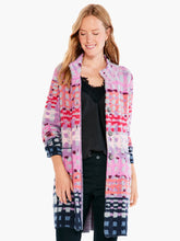 Load image into Gallery viewer, We love this dual-purpose coat/cardigan and the amazing pops of color that it offers.  Our Willa coatigan can be worn as a cardigan or a coat, depending on the day and your mood. Full of novelty yarns with poppy textures (we love the grey yarn&#39;s extra fuzziness) this long party coatigan is perfect for cold-weather gatherings. Our Willa has a button front, mock collar, and a surprisingly soft, and entirely welcome, drapey feel.

